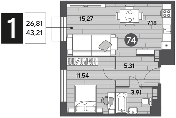 Продажа 1-комнатной квартиры 43,2 м², 2/10 этаж