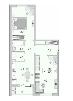 Продажа 2-комнатной квартиры 60 м², 14/17 этаж