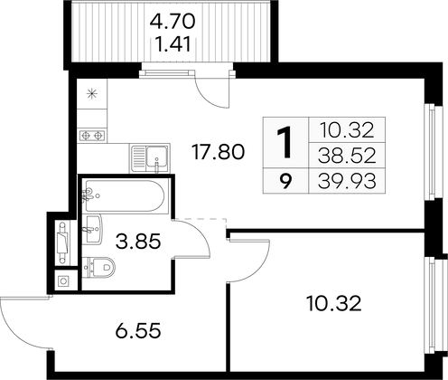 39,9 м², 1-комн. квартира, 2/15 этаж