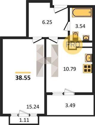 Продажа 1-комнатной квартиры 38,5 м², 6/8 этаж