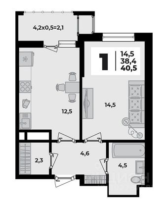 Продажа 1-комнатной квартиры 40,5 м², 4/8 этаж
