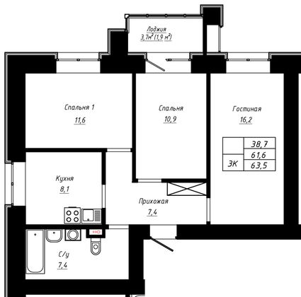 Продажа 3-комнатной квартиры 63,5 м², 4/16 этаж