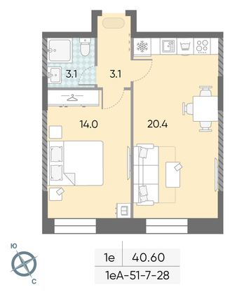 40,6 м², 1-комн. квартира, 8/28 этаж