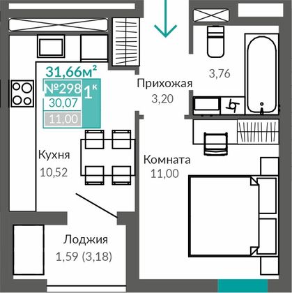 30,1 м², 1-комн. квартира, 9/9 этаж