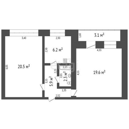 54,1 м², 2-комн. квартира, 2/4 этаж