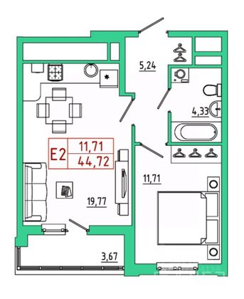 Продажа 1-комнатной квартиры 44,7 м², 5/18 этаж