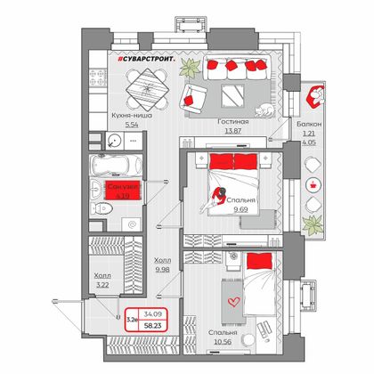 58,2 м², 3-комн. квартира, 4/19 этаж