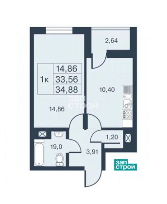 Продажа 1-комнатной квартиры 35 м², 12/19 этаж