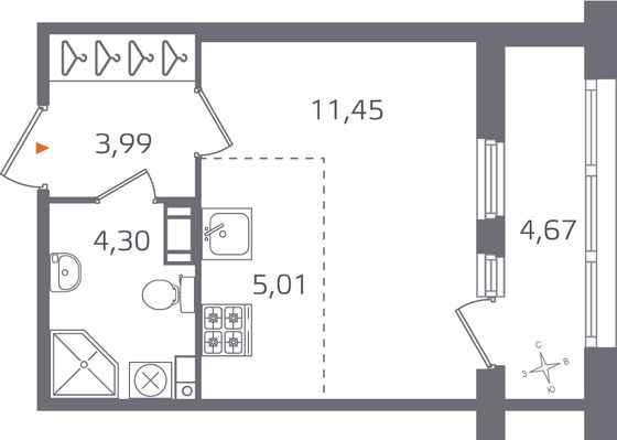 Продажа квартиры-студии 27,1 м², 5/10 этаж