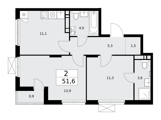 51,6 м², 2-комн. квартира, 14/16 этаж