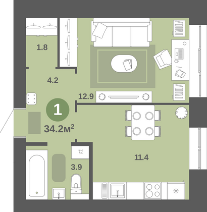 Продажа 1-комнатной квартиры 34,2 м², 3/5 этаж