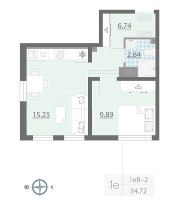 Продажа 1-комнатной квартиры 34,7 м², 6/25 этаж