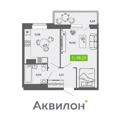 39,2 м², 1-комн. квартира, 9/9 этаж