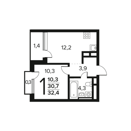 32,4 м², 1-комн. квартира, 5/12 этаж