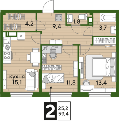 Продажа 2-комнатной квартиры 59,4 м², 11/16 этаж