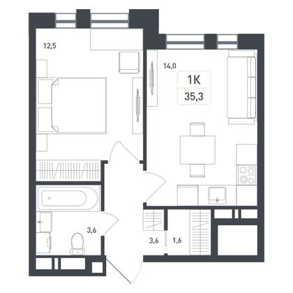 35,3 м², 1-комн. квартира, 2/8 этаж