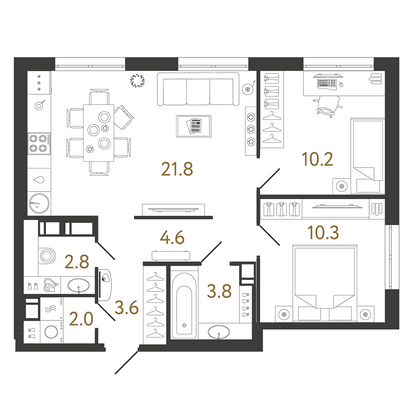 59,1 м², 2-комн. квартира, 8/15 этаж