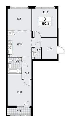 60,3 м², 3-комн. квартира, 2/15 этаж