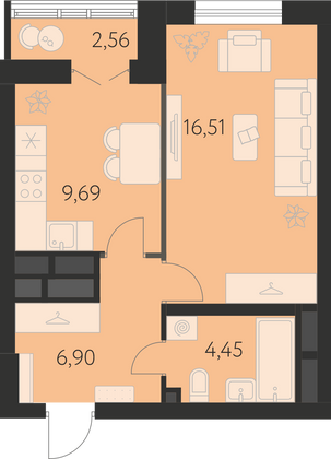 38,8 м², 1-комн. квартира, 30 этаж