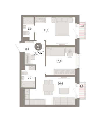 58,5 м², 2-комн. квартира, 23/31 этаж