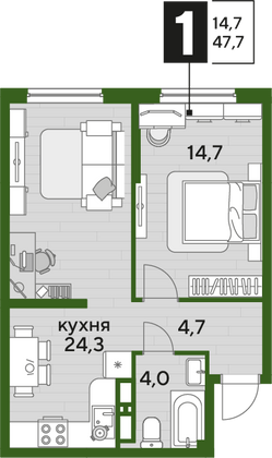 Продажа 1-комнатной квартиры 47,7 м², 12/16 этаж