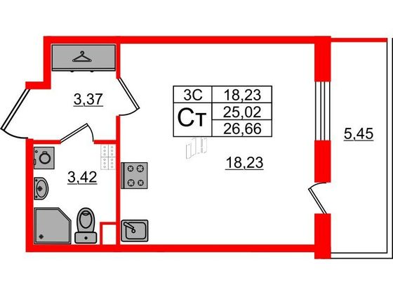 Продажа квартиры-студии 25 м², 3/5 этаж