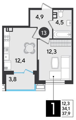 Продажа 1-комнатной квартиры 37,9 м², 3/9 этаж