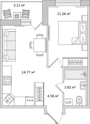 39,2 м², 1-комн. квартира, 3/16 этаж