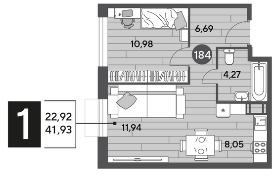 Продажа 1-комнатной квартиры 41,9 м², 9/15 этаж