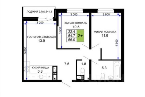 Продажа 2-комнатной квартиры 56 м², 5/21 этаж