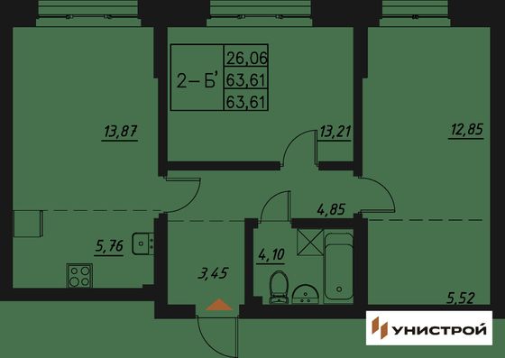 63,6 м², 2-комн. квартира, 12/20 этаж