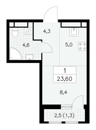 23,6 м², своб. планировка, 5/30 этаж