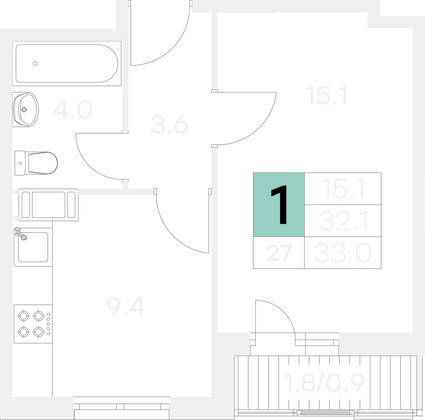 Продажа 1-комнатной квартиры 33 м², 5/9 этаж