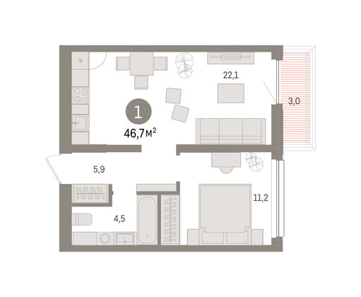 Продажа 1-комнатной квартиры 46,7 м², 7/8 этаж