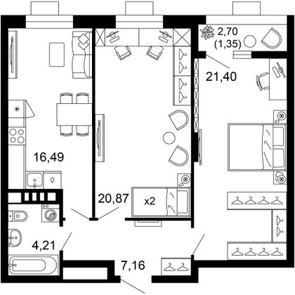 71,5 м², 2-комн. квартира, 4/10 этаж