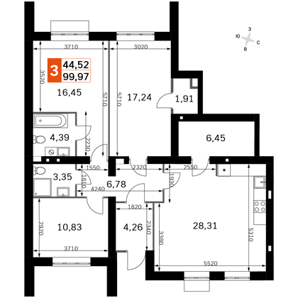 100 м², 3-комн. квартира, 1/4 этаж