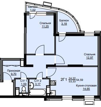 Продажа 2-комнатной квартиры 54,6 м², 15/17 этаж