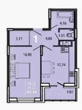 Продажа 1-комнатной квартиры 43,3 м², 11/16 этаж