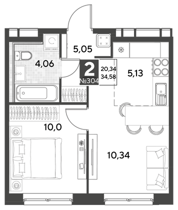 Продажа 2-комнатной квартиры 34,6 м², 15/25 этаж