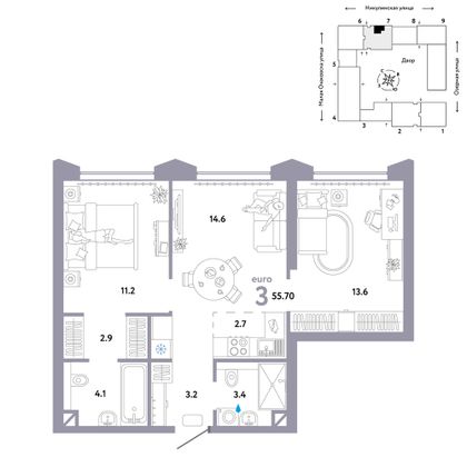 55,7 м², 3-комн. квартира, 24/30 этаж