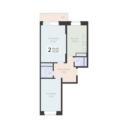 Продажа 2-комнатной квартиры 65,8 м², 6/22 этаж