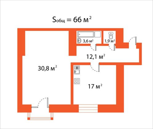 Продажа 1-комнатной квартиры 66,2 м², 4/5 этаж