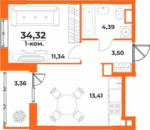 34,3 м², 1-комн. квартира, 2/10 этаж