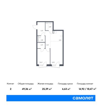 49,4 м², 1-комн. квартира, 15/17 этаж