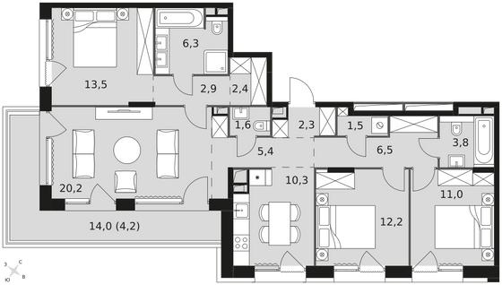 104,1 м², 4-комн. квартира, 10/16 этаж