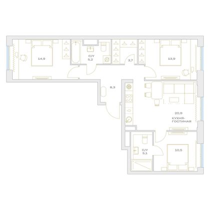 Продажа 3-комнатной квартиры 82,5 м², 3/23 этаж