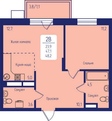 48,2 м², 2-комн. квартира, 10/17 этаж