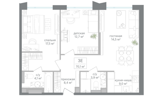 Продажа 2-комнатной квартиры 70,1 м², 4/24 этаж