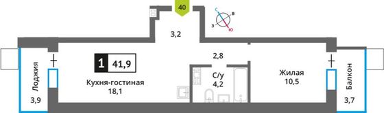 Продажа 1-комнатной квартиры 41,9 м², 6/9 этаж