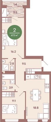 Продажа 2-комнатной квартиры 67,2 м², 3/17 этаж